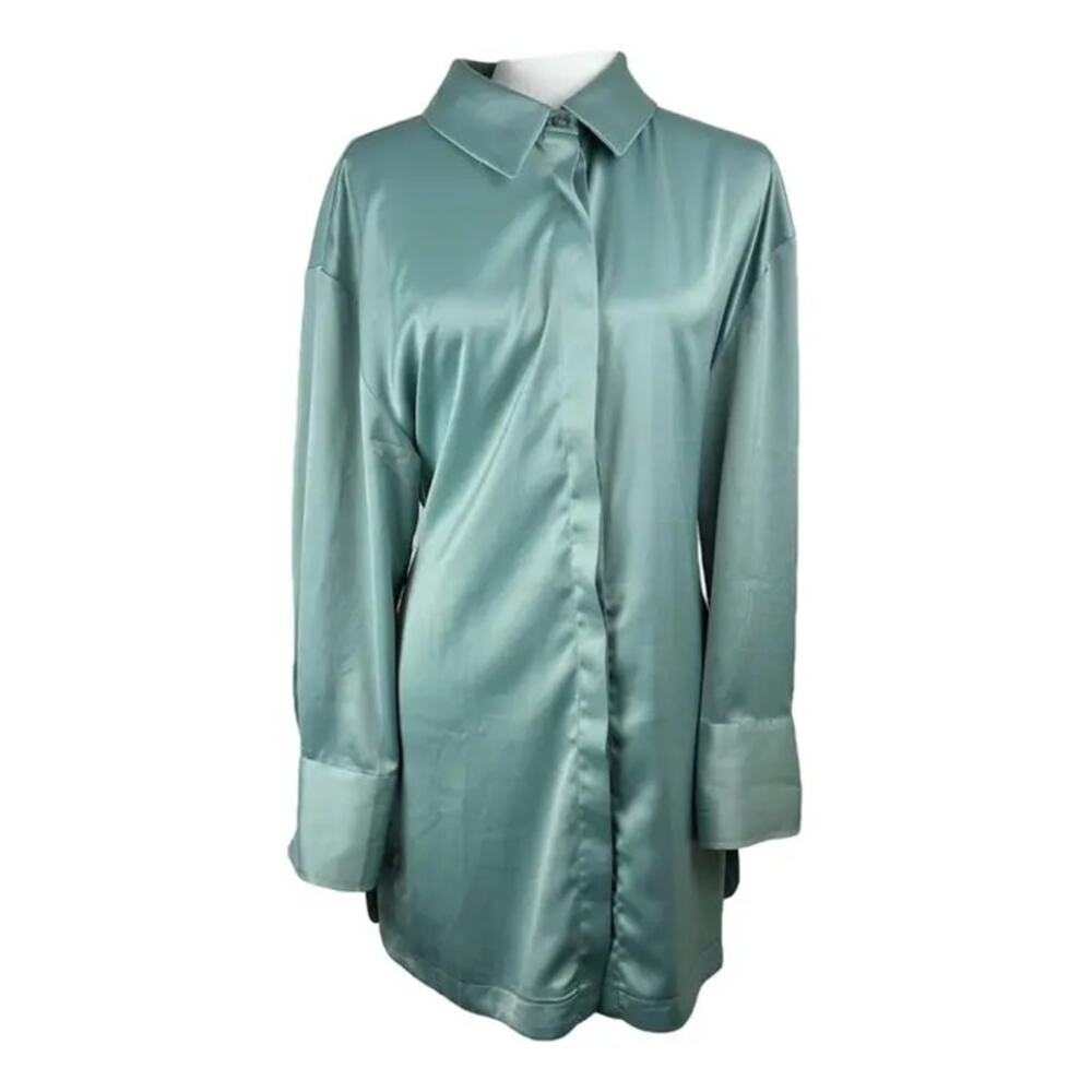 House of Harlow "Vintage Green" Textured Satin Belted Tunic Top Mini Shirt Dress